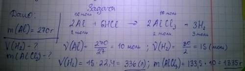 Какой объём водорода и какая масса соли образуется при взаимодейств. солян. кислоты с 270 г. алюмини