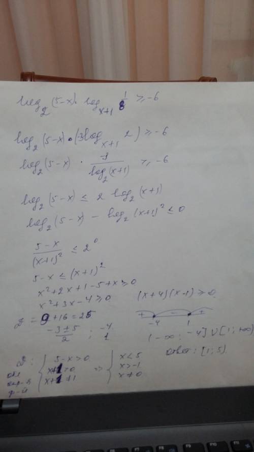 (log (5-х) по осн. 2)*(log(1/8)по осн. (х+1)) ≥ -6