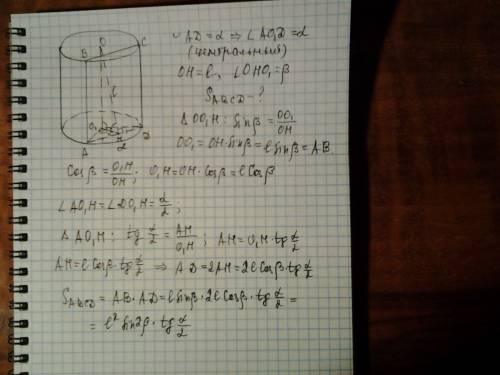 Уциліндрі паралельно його осі проведено площину, що перетинає основу по . які стягуюсь дугу α. знайд