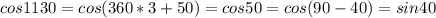 cos1130=cos(360*3+50)=cos50=cos(90-40)=sin40