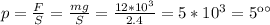 p= \frac{F}{S} = \frac{mg}{S} = \frac{12*10^{3} }{2.4}=5*10^{3} = 5 кПа