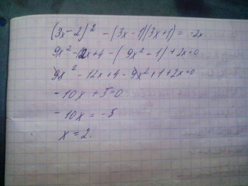 Решите уравнение: (3х – 2)^2 – (3х – 1)(3х + 1) = –2x