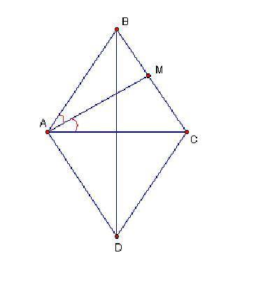 Вромбі abcd бісектриса кута bac перетинає сторону bc в точці м. знайти кути ромба, якщо ∠amc = 120°
