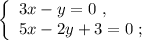 \left\{\begin{array}{l} 3x - y = 0 \ , \\ 5x - 2y + 3 = 0 \ ; \end{array}