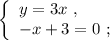 \left\{\begin{array}{l} y = 3x \ , \\ -x + 3 = 0 \ ; \end{array}