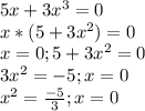 5x+3x^3=0\\&#10;x*(5+3x^2)=0\\&#10;x=0; 5+3x^2=0\\&#10;3x^2=-5; x=0\\&#10;x^2=\frac{-5}{3}; x=0\\