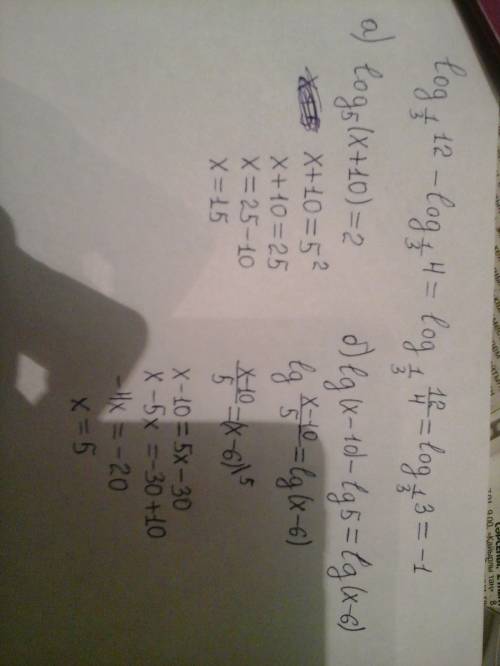 Вычислить: log1/3 12- log1/3 4 решите уравнения: log5(x+10)=2 б) lg(x-10)-lg 5=lg(x-6)