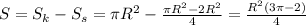 S= S_{k} - S_{s} = \pi R ^{2}- \frac{ \pi R^{2} -2R ^{2} }{4} = \frac{R ^{2}(3 \pi -2) }{4}