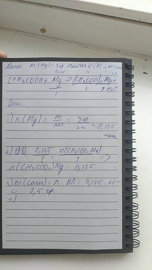 Найдите обьем водорода и массу соли, полученных при взаимодействии 3г магния и уксусной кислоты. реш