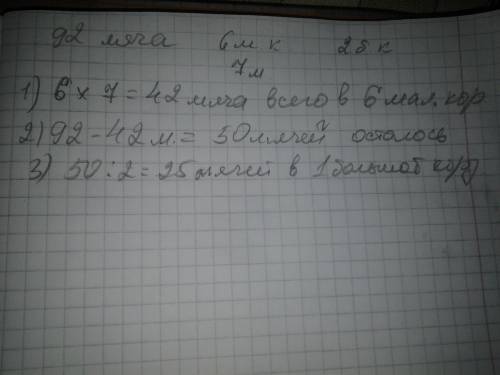 Магазине игрущек 92 мяча разложили поровну в 6 маленьких корзин и в 2 большие.в каждоц маленькой кор