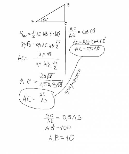 1)площадь прямоугольного треугольника равна 12,5 умножить корень из 3. один из острых углов 60 граду