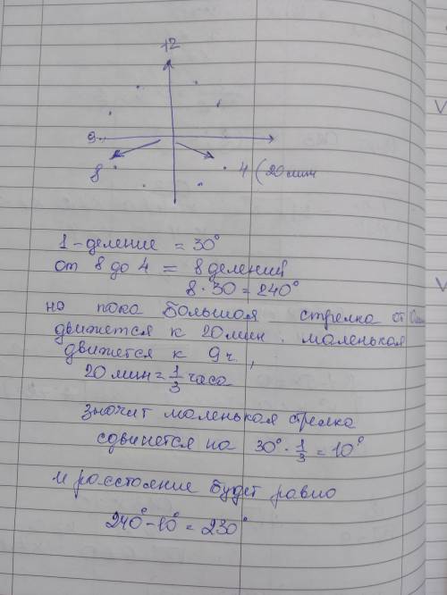 Какой угол составляют стрелки часов в 8 ч 20 мин? дайте ответ в градусах.