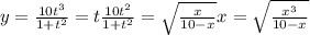 y= \frac{10t^3}{1+t^2}=t \frac{10t^2}{1+t^2}=\sqrt{\frac{x}{10-x}}x=\sqrt{\frac{x^3}{10-x}}