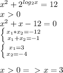 x^2+2^{log_2x}=12\\x\ \textgreater \ 0\\x^2+x-12=0\\ \left \{ {{x_1*x_2=-12} \atop {x_1+x_2=-1}} \right.\\ \left \{ {{x_1=3} \atop {x_2=-4}} \right. \\\\x\ \textgreater \ 0 =\ \textgreater \ x=3