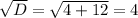 \sqrt{D}= \sqrt{4+12}=4