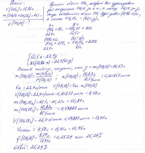 Метан объемом 17,92 л (н.у.) хлорировали. получили смесь хлорметана и дихлорметана общей массой 61,1