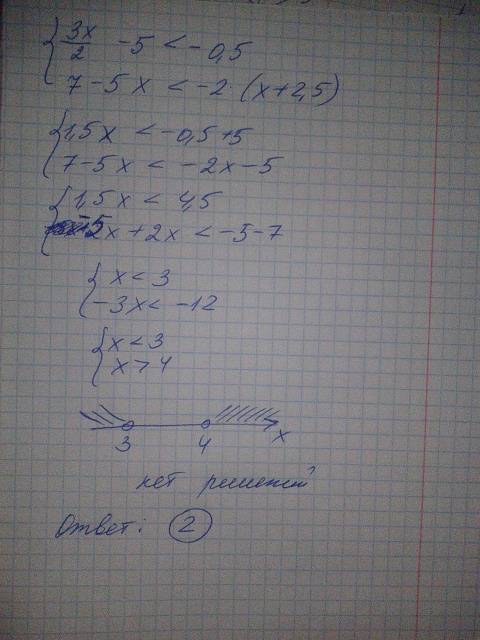 На каком рисунке изображено множество решений системы неравенств 3x/2 - 5 < -0,5 7-5x< -2(x+2,