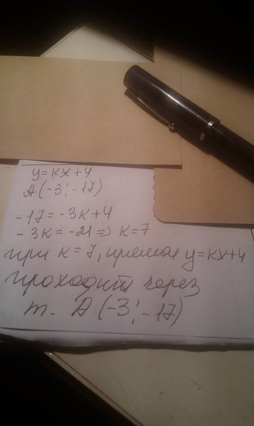 При каком значении k график функции y = kx+4 проходит через точку а (-3; -17)