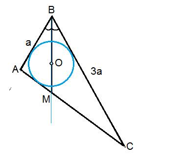Втреугольнике авс угол в равен 60 градусов bc=3ab, и в него же вписана окружность с центром o.луч bo