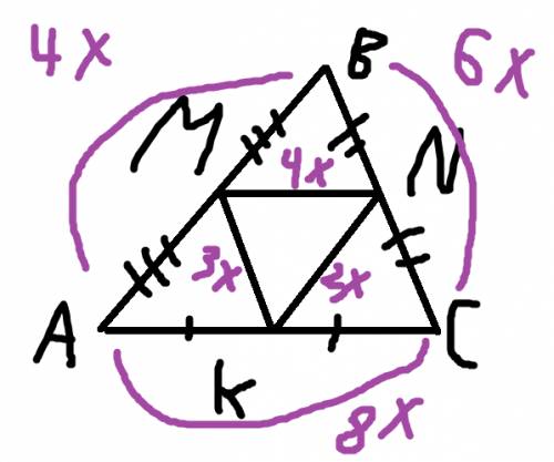 Средняя линия треугольника относятся как 3: 2: 4 а периметр треугольника равен 45см .найдите стороны