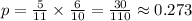 p = \frac{5}{11} \times \frac{6}{10} = \frac{30}{110} \approx 0.273