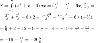 S = \int\limits^2_{-3} {(x^2+x-6)} \, dx = ( \frac{x^3}{3} + \frac{x^2}{2} -6x)|^2_{-3} = \\ \\ = \frac{2^3}{3} + \frac{2^2}{2} -6*2 - \frac{(-3)^3}{3} - \frac{(-3)^2}{2} +6*(-3)) = \\ \\ = \frac{8}{3} +2 -12 +9 - \frac{9}{2} -18 = -19 + \frac{16}{6} - \frac{27}{6} = \\ \\ = -19 - \frac{11}{6} = -20 \frac{5}{6}