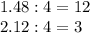 1. 48:4=12 \\ 2. 12:4=3 \\ \\