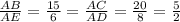 \frac{AB}{AE} = \frac{15}{6} = \frac{AC}{AD} = \frac{20}{8}= \frac{5}{2}