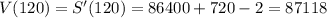 V(120)=S'(120)=86400+720-2=87118