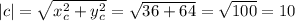 |c| = \sqrt{x_{c}^{2}+ y_{c}^2} = \sqrt{36+64} = \sqrt{100} = 10