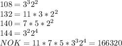 108=3^3 2^2 \\ 132 = 11 *3*2^2\\ 140=7*5*2^2 \\ 144=3^2 2^4 \\ NOK=11*7*5*3^3 2^4=166320