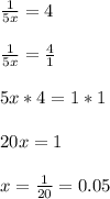 \frac{1}{5x} =4 \\ \\ &#10; \frac{1}{5x} = \frac{4}{1} \\ \\ &#10;5x*4=1*1 \\ \\ &#10;20x=1 \\ \\ &#10;x= \frac{1}{20} =0.05&#10;&#10;&#10;&#10;&#10;&#10;