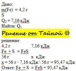 :при соединении железа с серой,масса железа составляет 4.2 грамма.выделяется 7.16 кдж. составить т/х