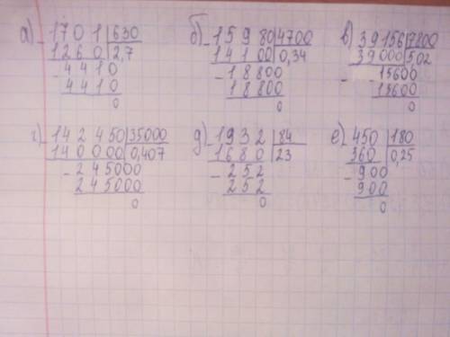 Найдите значение частного(в столбик): а)17,01 : 6,3 б)1,598 : 4,7 в)39,156 : 7,8 г)1,4245 : 3,5 д)19