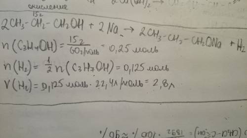 Какой объем водорода выделится при действии избытка металлического натрия на 15 г пропанолу