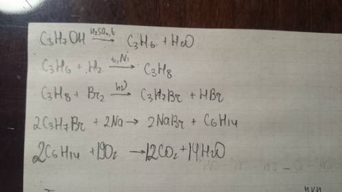 Осуществить цепочку превращений пропанол-пропен-пропан-бромпропан-гексан-углекислый газ