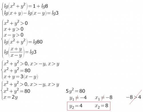 Решите систему логарифмических уравнений) по подробнее ) : ) lg(x²+y²)=1+lg8 lg(x+y)-lg(x-y)=lg3