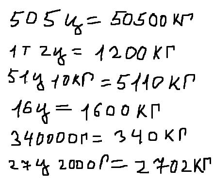 Выразить в килограммах. 505ц.= 1т. 2ц.= 51ц. 10кг.= 16ц= 340000г= 27ц 2000г=