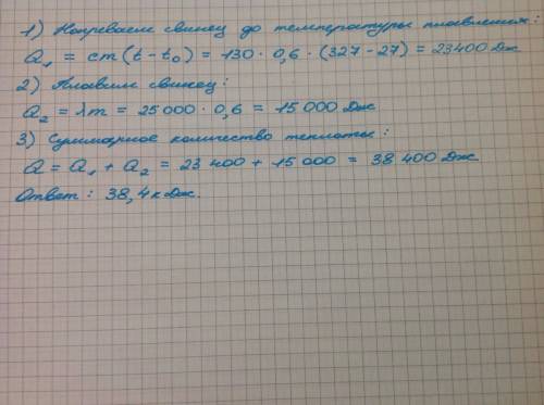 Какое количество теплоты нужно затратить, чтобы расплавить 600 г свинца, взятого при температуре 27