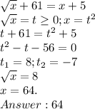 \sqrt{x} + 61 = x + 5\\\sqrt{x} = t\geq0 ; x = t^2\\t + 61 = t^2 + 5\\t^2 - t - 56 = 0\\t_1 = 8; t_2 = -7\\\sqrt{x} = 8\\x = 64.\\Answer: 64