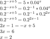 0.2^{-x+5} = 5 * 0.04^{x}\\0.2^{-x+5} = 0.2^{-1}*0.04^{x}\\0.2^{-x+5} = 0.2^{-1}*0.2^{2x}\\0.2^{-x+5} = 0.2^{2x-1}\\2x - 1 = -x + 5\\3x = 6\\x = 2