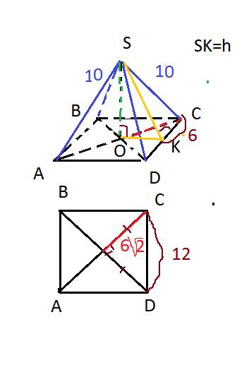 Дана правильная четырёхугольная пирамида sabcd.боковая сторона(ребро)равно 10.а высота so равна 2 ко