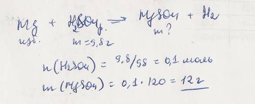 Рассчитайте массу соли, которую можно получить в реакции магния (избыток) с серной кислотой массой 9