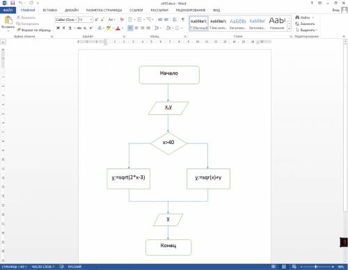 Построить блок схему для вычисления уравнения y={x^2+y,если x < \=40 {корень из 2x-3, если x>