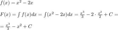 f(x)=x^2-2x\\\\F(x)=\int f(x)dx=\int (x^2-2x)dx=\frac{x^3}{3}-2\cdot \frac{x^2}{2}+C=\\\\=\frac{x^3}{3}-x^2+C