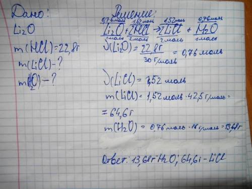 Рассчитайте массу продуктов реакции оксида лития с 22,8 г соляной кислоты. решение дано и тд с:
