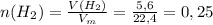 n(H_2)= \frac{V(H_2)}{V_m}= \frac{5,6}{22,4}=0,25