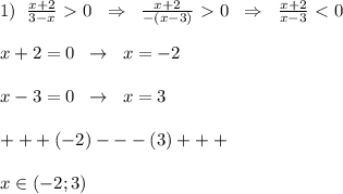 1)\; \; \frac{x+2}{3-x} \ \textgreater \ 0\; \; \Rightarrow \; \; \frac{x+2}{-(x-3)} \ \textgreater \ 0\; \; \Rightarrow \; \; \frac{x+2}{x-3} \ \textless \ 0\\\\x+2=0\; \; \to \; \; x=-2\\\\x-3=0\; \; \to \; \; x=3\\\\+++(-2)---(3)+++\\\\x\in (-2;3)