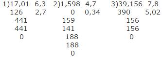 Решить столбиком а) 17,01: 6,3 б) 1,598: 4,7 в) 39,156: 7,8