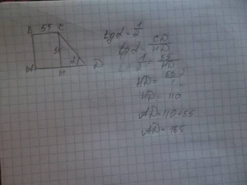 Тангенс острого углапрямоугольной трапеции равен одной второй.найдите её большее основание если мень